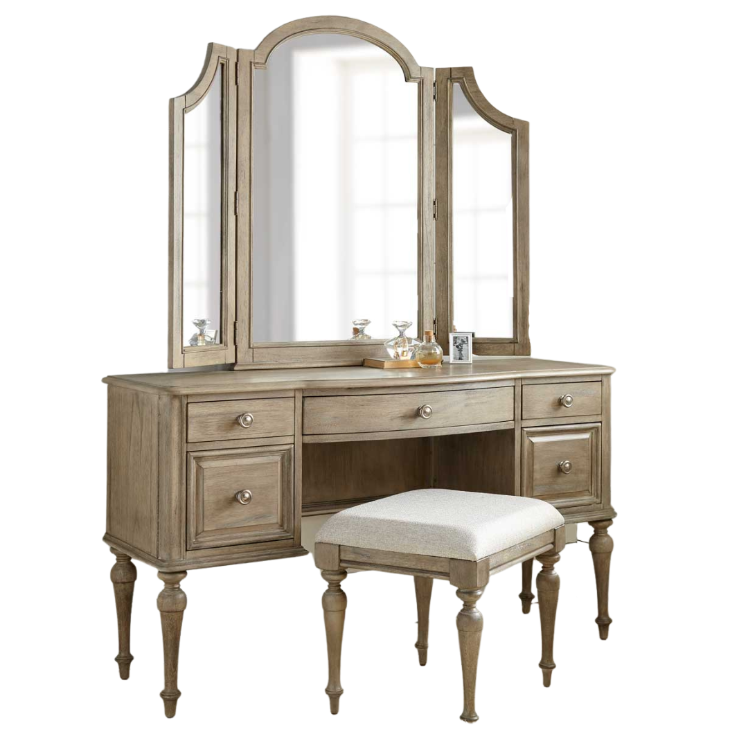 3-Piece Highland Park Vanity Set, Waxed Driftwood (Vanity Desk, Tri-fold Mirror and Bench)