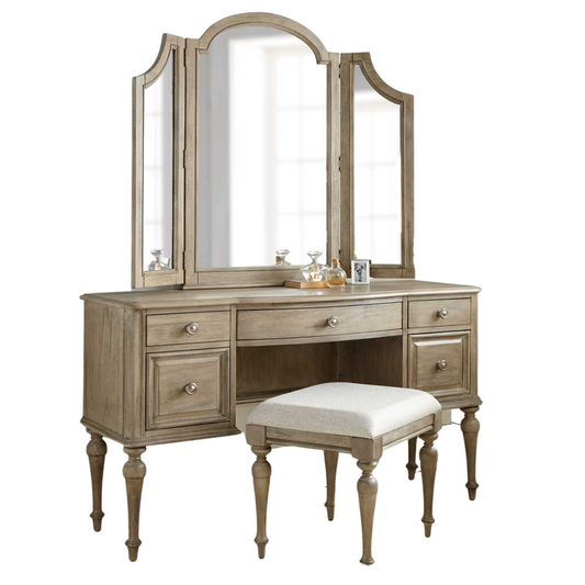 3-Piece Highland Park Vanity Set, Waxed Driftwood (Vanity Desk, Tri-fold Mirror and Bench)