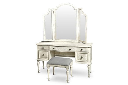 3-Piece Highland Park Vanity Set, Cathedral White (Vanity Desk, Tri-fold Mirror and Bench)
