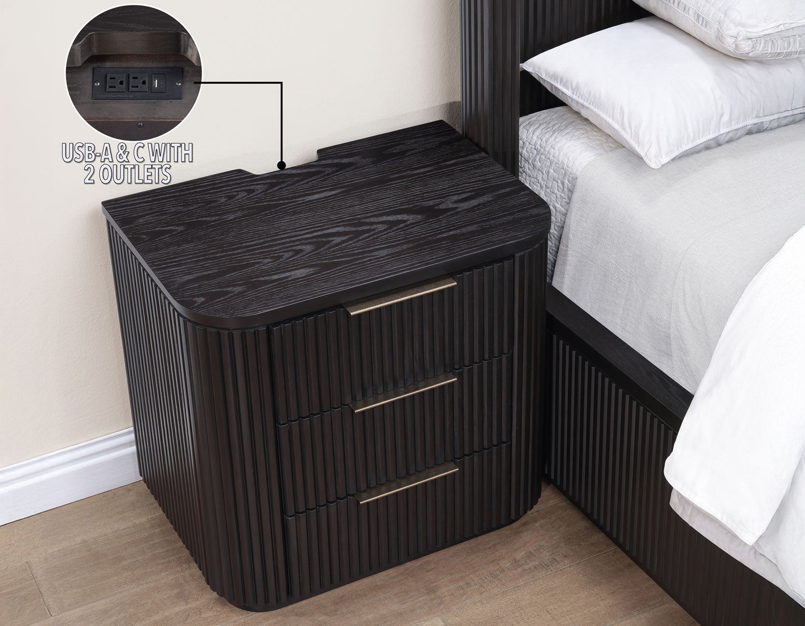 Henry Reeded 3-Drawer Nightstand with USB & Electric Outlets